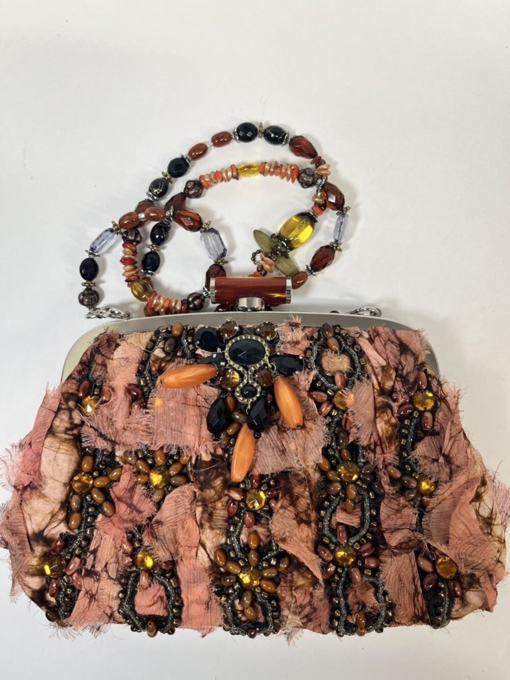 Vintage Mary Frances Purse/Handbag Peach Silk Bead Embellishments Ruffles